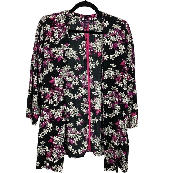 Long Tall Sally Floral 3/4 Sleeves Kimono Size 8 Black White Pink - Picture 1 of 10